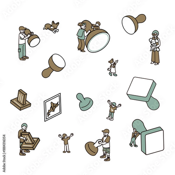 Obraz イベントや観光でさまざまなスタンプを押す人々のイラスト素材セット