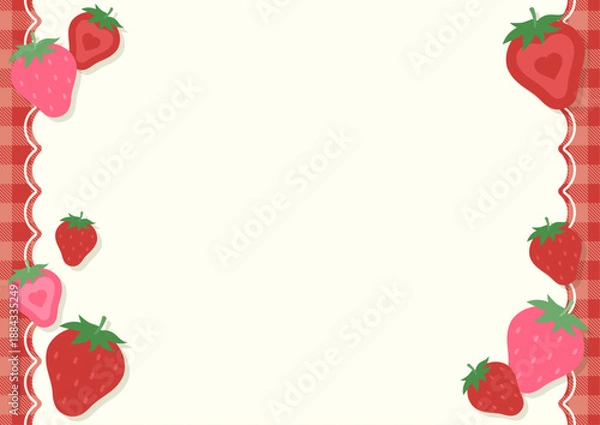 Obraz ギンガムチェックと甘い苺のガーリーな背景フレームイラスト素材