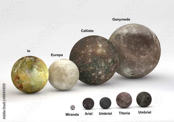 Obraz Size comparison between Uranus and Jupiter moons with captions