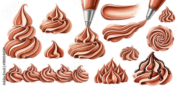 Fototapeta チョコレートホイップクリームを絞り袋で絞る製菓工程イラスト素材 デザートデコレーションセット