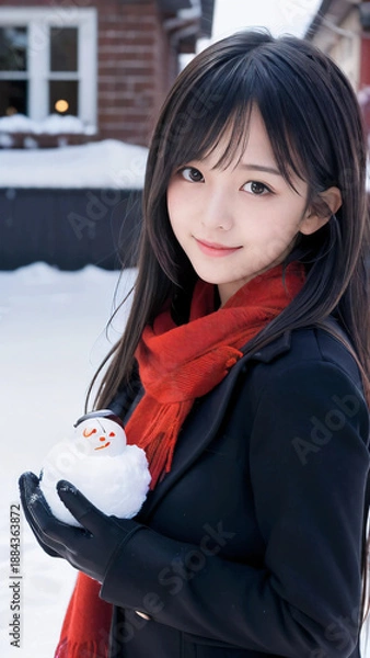 Obraz 雪景色の中で雪だるまを持つ笑顔の若い女性