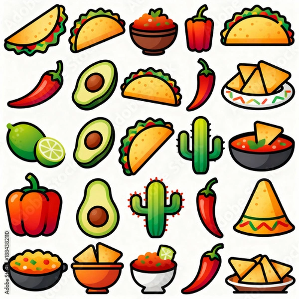 Obraz Mexican cuisine flat vector icons pack.