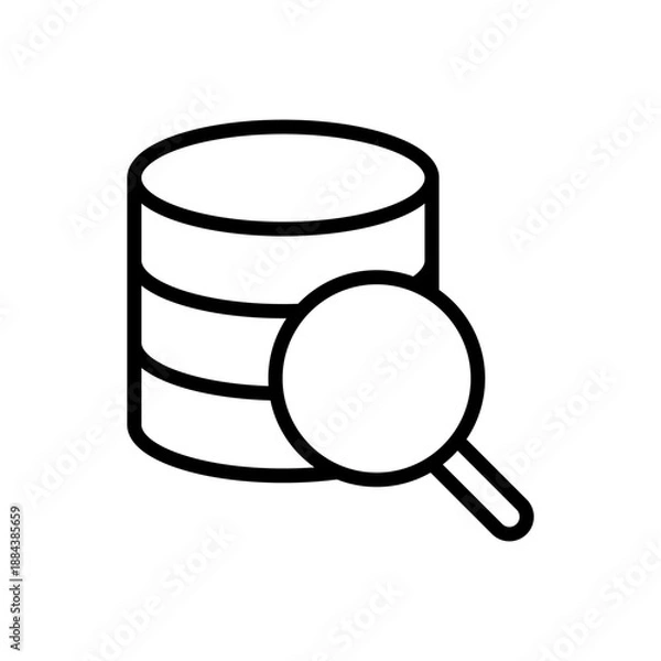 Fototapeta Database with magnifying glass, linear icon. Data search, information analysis, server auditing, query processing. Line with editable stroke