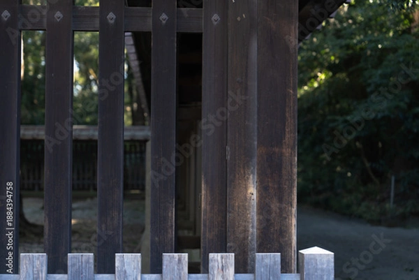Obraz 日本の神社：神聖な森林と建築物と参道（神宮・鳥居）