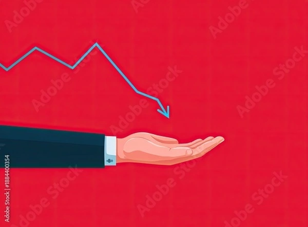 Obraz Hand catching downward trend graph on red background