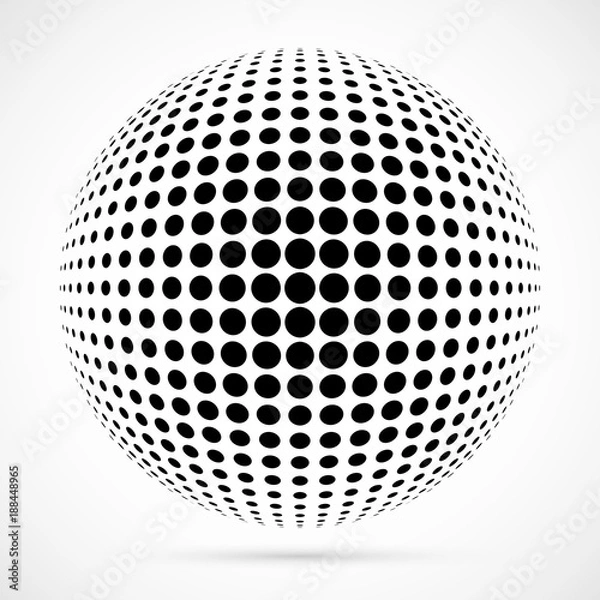 Fototapeta White 3D vector halftone sphere.Dotted spherical background.Logo template with shadow.Circle dots isolated on the white background.
