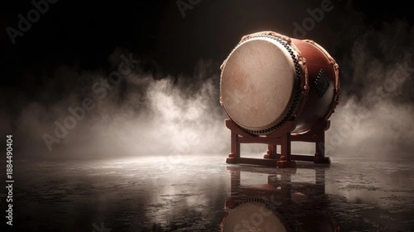 Obraz Taiko drum on a dark surface with smoke and reflection