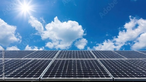 Fototapeta Solar Panel Array Under a Bright Blue Sky with Fluffy Clouds