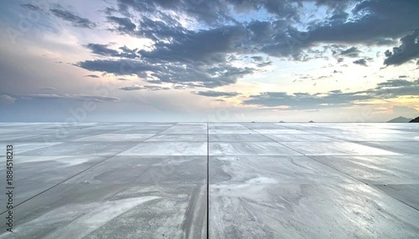 Obraz Expansive Tiled Platform Under a Dramatic Sunset Sky with Distant Islands