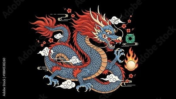 Obraz Vibrant Mythic Dragon Artwork with Fire and Clouds.