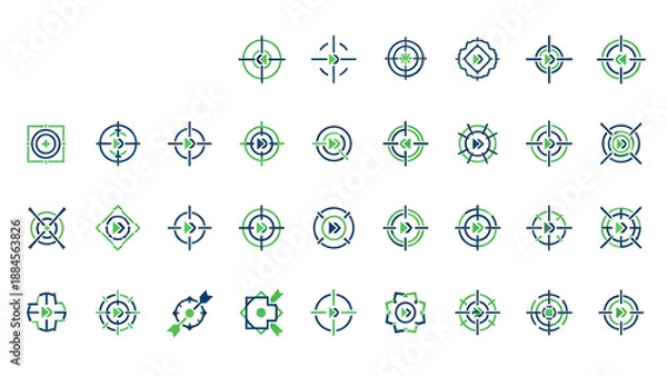 Obraz ターゲットと矢のビジネスロゴ30案セット。目標達成・成果・精度を象徴する青と緑のミニマルなシンボル。誠実で知的なデザイン素材集。