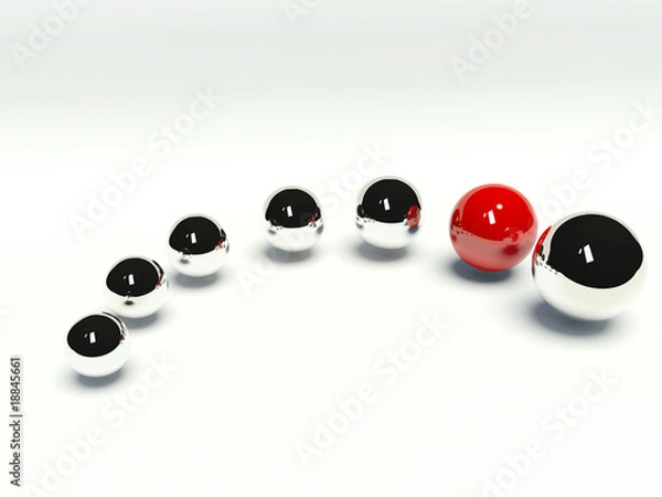 Obraz A red sphere among chrome spheres