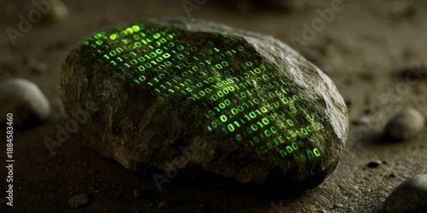 Obraz a rock with green glowing binary code carved into it