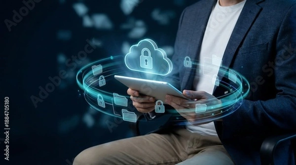 Obraz Man Securing Digital Data with Cloud Computing and Cybersecurity