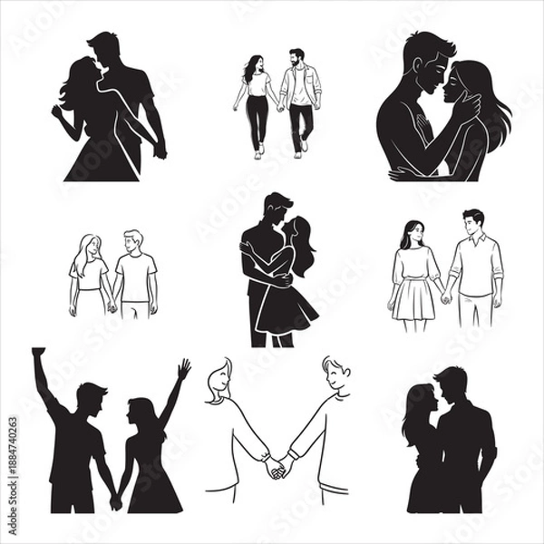 Obraz Romantic Couple Holding Hands Linear Vector Illustration