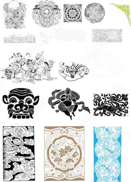 Obraz Asian inspired and patterns black white blue