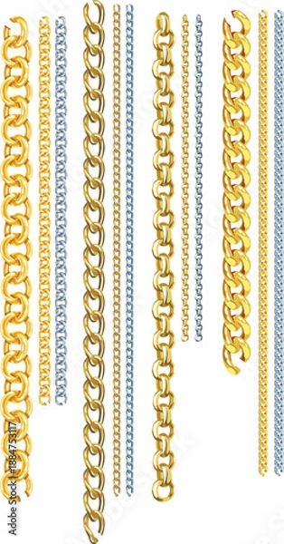 Obraz Various gold and silver chains on white background