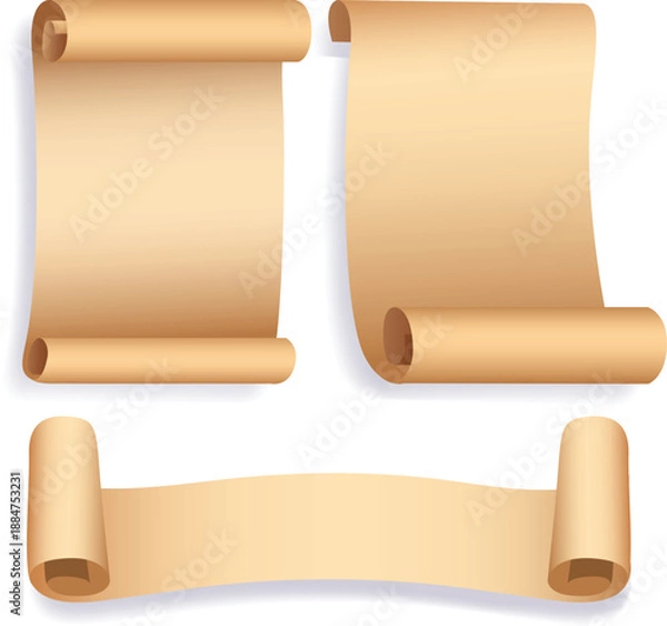 Obraz Three beige scrolls on white background paper rolled