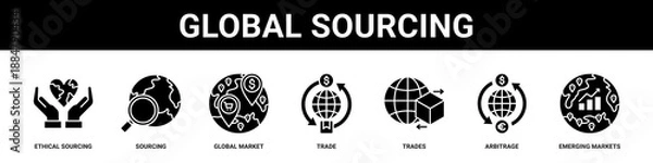 Fototapeta Global Sourcing web banner icon set collection solid style.
