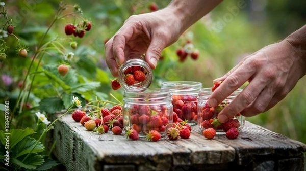 Obraz Filling tiny jars with wild strawberries