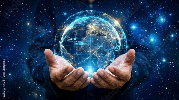 Obraz Global Network Connection in Hands - Digital Earth Technology Concept