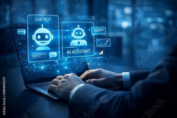 Obraz Man Using Laptop with Futuristic Chatbot and AI Assistant Interface