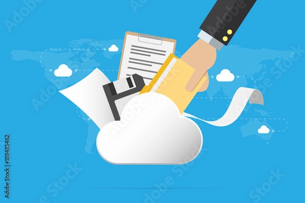 Fototapeta business hand insert document into the cloud with floppy disk and papers, backup data and business concept