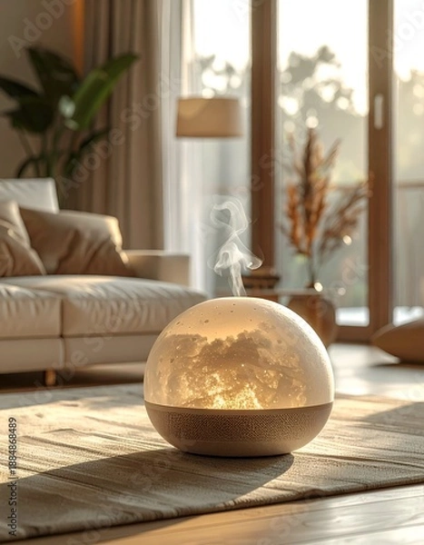 Obraz Illuminated sphere diffuser with a cloud-like interior, living room setting