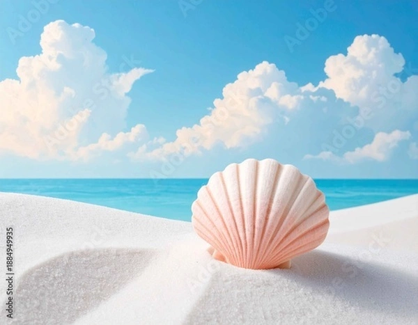 Fototapeta 白い砂浜にそっと置かれた淡いピンク色の貝殻と、青い海と空が広がるミニマルな夏の風景。やさしい光と余白が、癒しや静けさ、リラックスした時間を表現。夏休み、リゾート、旅行、ヒーリング、Webデザインや広告背景に使いやすい爽やかなAIイメージ。