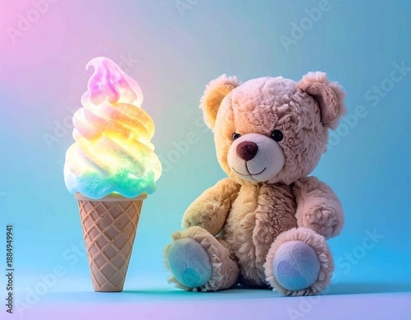 Fototapeta パステルカラーに輝くレインボーアイスとくまのぬいぐるみを組み合わせた、夢のようなスイーツファンタジー。楽しさや幸福感を表現し、子供向け・SNS・広告に映えるポップなビジュアル。