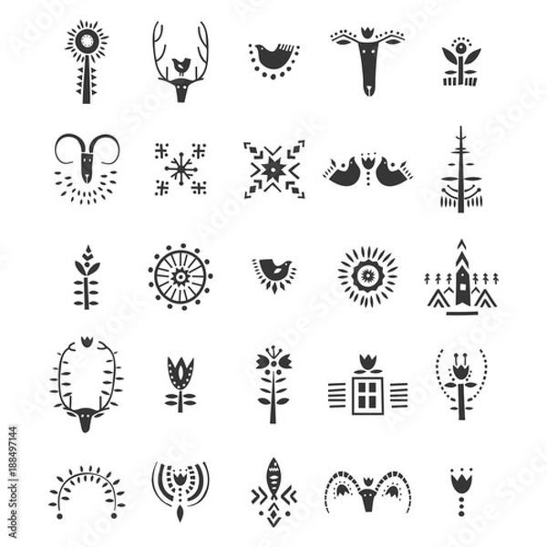 Fototapeta Vector set of hand drawn decorative animals and plants in Scandinavian style. For posters, patterns, lettering.
