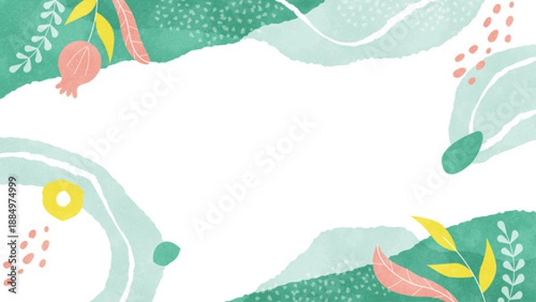 Obraz ボタニカルな自然派の背景フレーム 花や植物のゆるふわ水彩イラスト枠