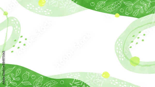 Obraz 植物の線画の背景フレーム オーガニックな水彩イラスト枠（グリーン）