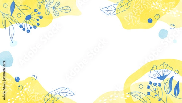 Obraz 植物の線画の背景フレーム オーガニックな水彩イラスト枠（イエロー）