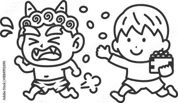Obraz 赤鬼を対峙する、男の子のアイコン（線画）のイラスト