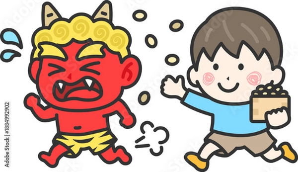 Obraz 赤鬼を対峙する、男の子のアイコン（線画カラー）のイラスト