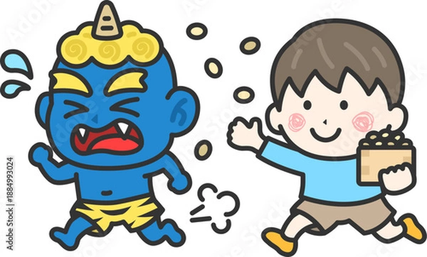 Obraz 青鬼を対峙する、男の子のアイコン（線画カラー）のイラスト