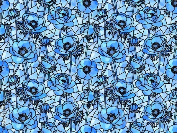 Obraz アネモネのステンドグラスのシームレスパターン　C-2'