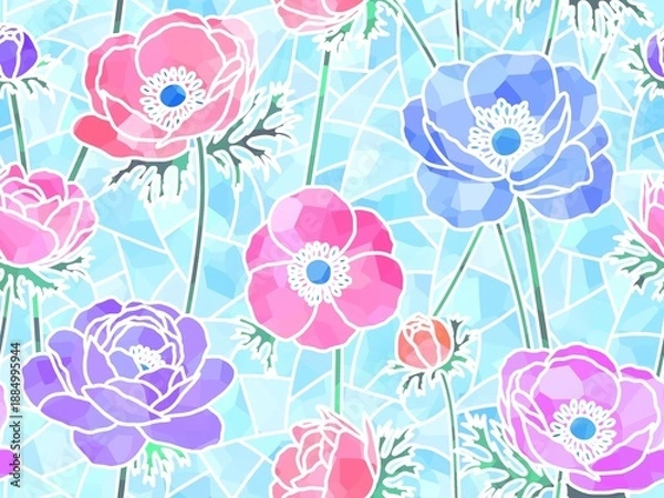 Obraz アネモネのステンドグラスのシームレスパターン　c-3