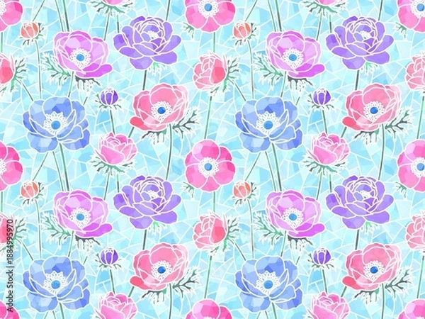 Obraz アネモネのステンドグラスのシームレスパターン　c-3'