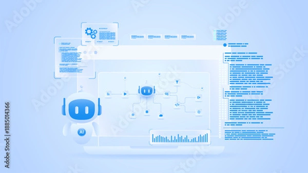 Obraz AI workflow automation artificial intelligence. ai agent network diagram dashboard machine learning showing coding flow process, analytics panel and processing system.