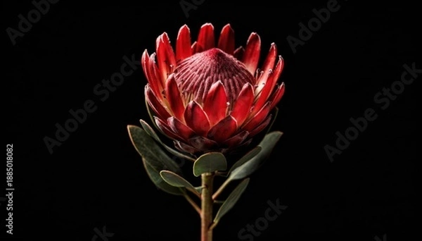 Obraz Stunning Red Protea Flower on Black Background