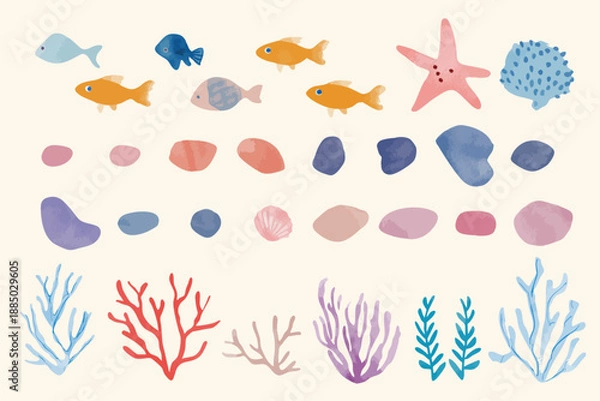 Obraz 水彩で描いた落書き風海のモチーフのイラストセット