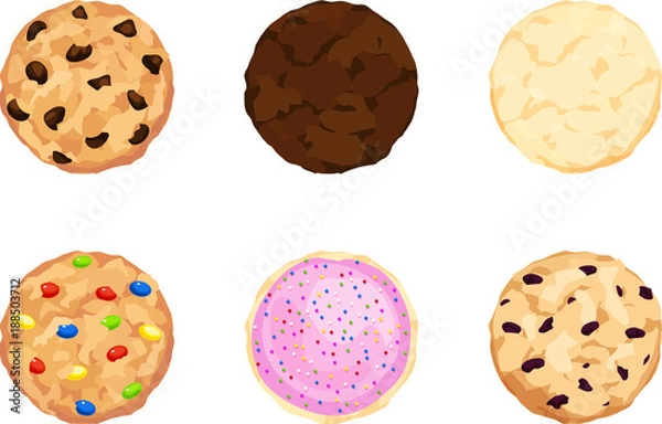 Obraz Sześć ciastek czekoladowych, krówek, cukru, słodyczy, mrożonych i owsianych. Płaski widok.