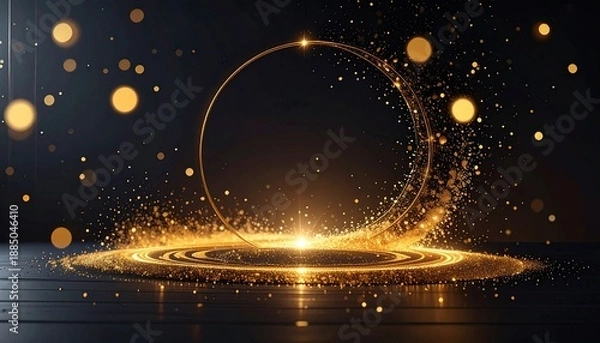 Obraz 黒背景にスポットライトを浴びる黄金の光の輪とキラキラ輝くステージのパーティクル背景