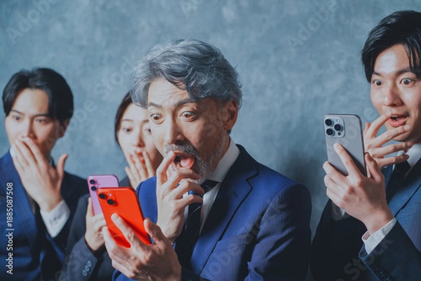 Fototapeta スマートフォンを手に持って驚くビジネスマン