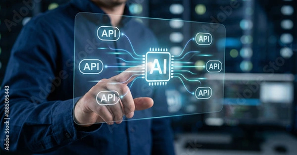 Fototapeta Ai api connection interface, server room digital hub touch, machine learning processor, cloud software integration