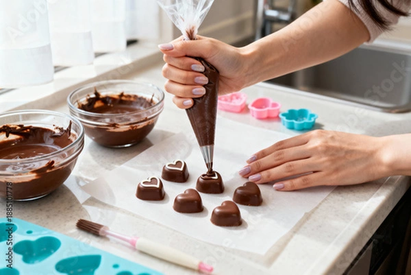 Obraz キッチンでハート型チョコレートにデコレーションを施す、バレンタインスイーツ作り