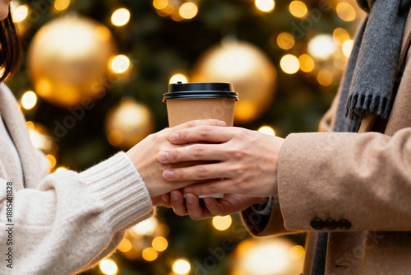 Obraz 冬のイルミネーションの中で温かいコーヒーを手渡す恋人たちの手元のクローズアップ