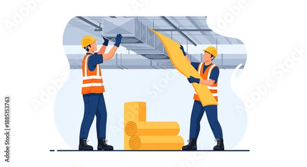 Obraz Two construction workers installing an air conditioning unit.